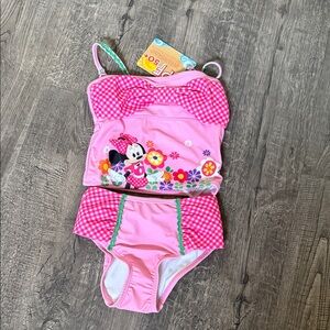 Disney Pink Girls Two-Piece Swim Set with Gingham Bow